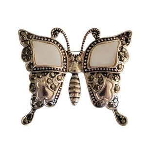Vintage Silver Tone Marcasite Style Butterfly Brooch White Enamel Inlay